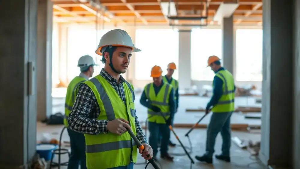 Schoonmakers met helm en veiligheidshesje in een pand in aanbouw
