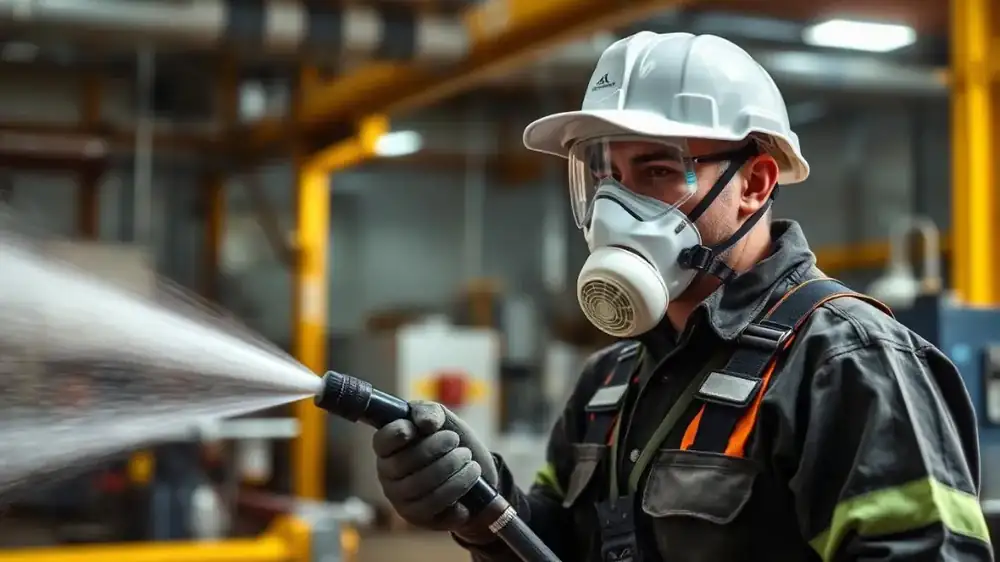 Specialist met beschermingsmiddelen reinigt een industriële installatie